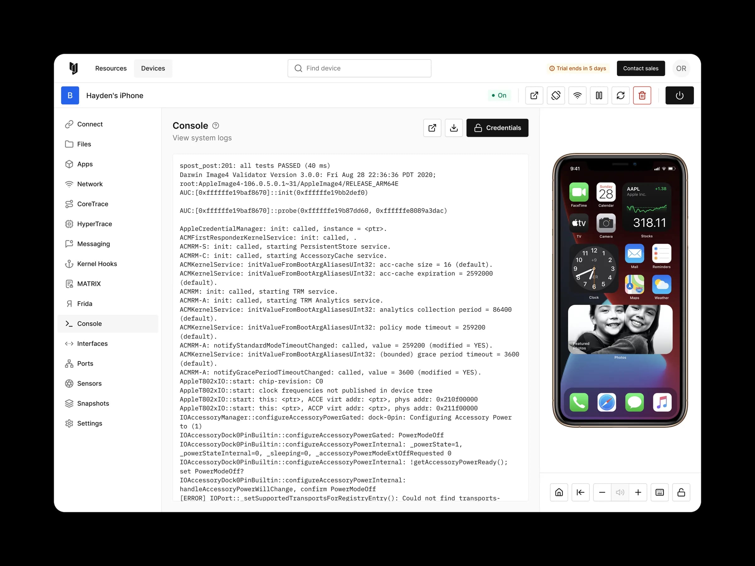 Corellium virtual device platform showing the device creation flow for mobile security testing