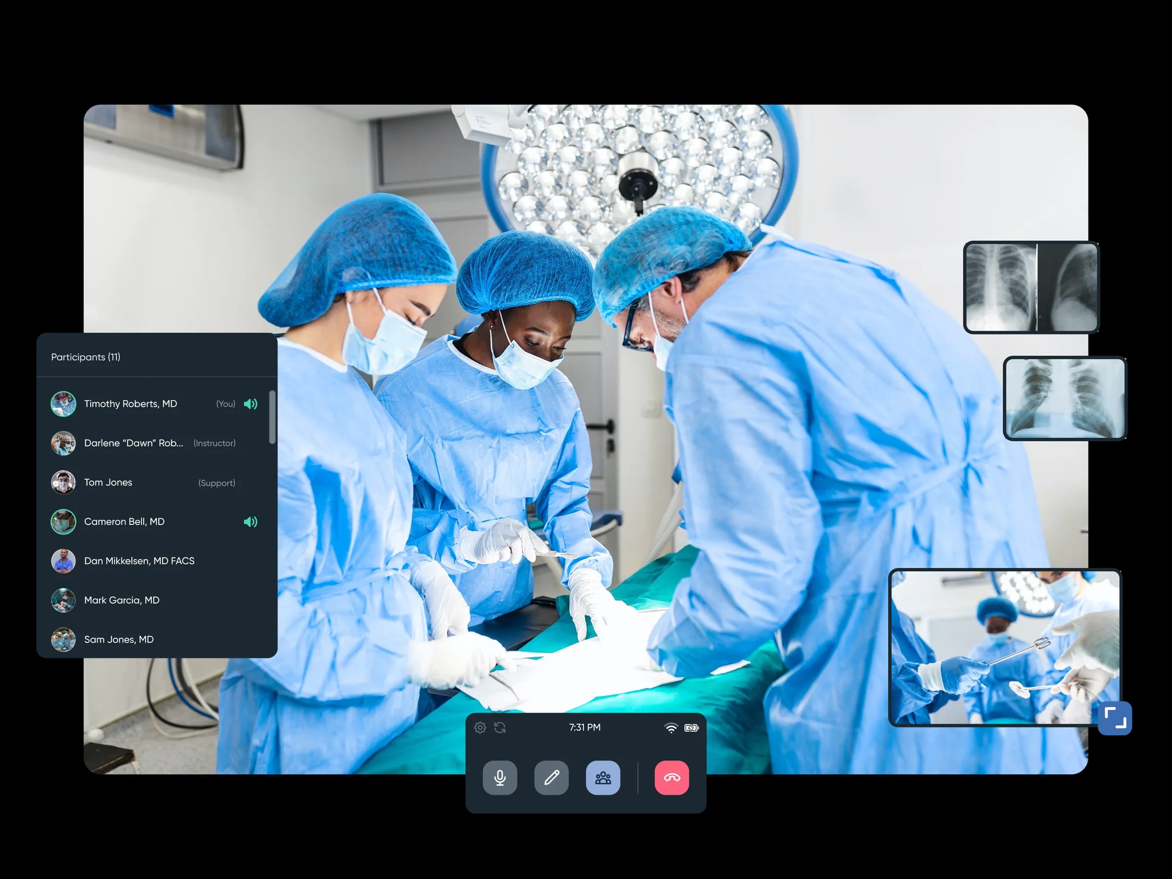 Immertec VR medical training platform showing a live surgical procedure with multiple participating doctors, medical imaging views, and interactive controls for remote learning
