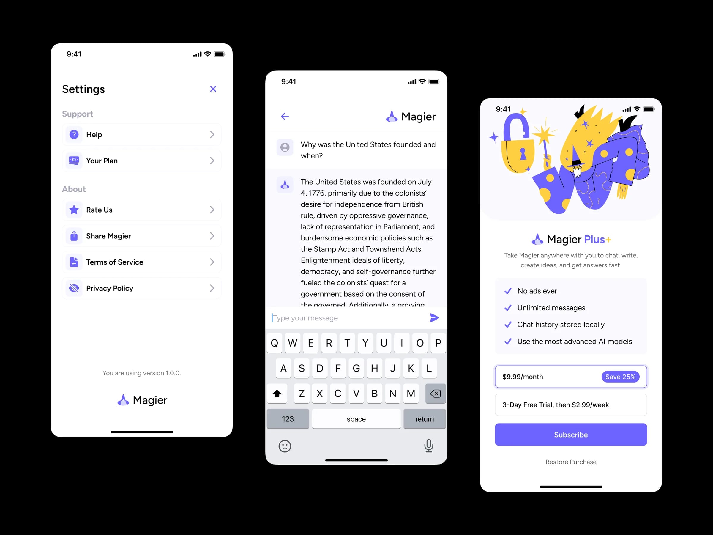 Magier AI chatbot mobile app screens showing settings, chat interface, and subscription options