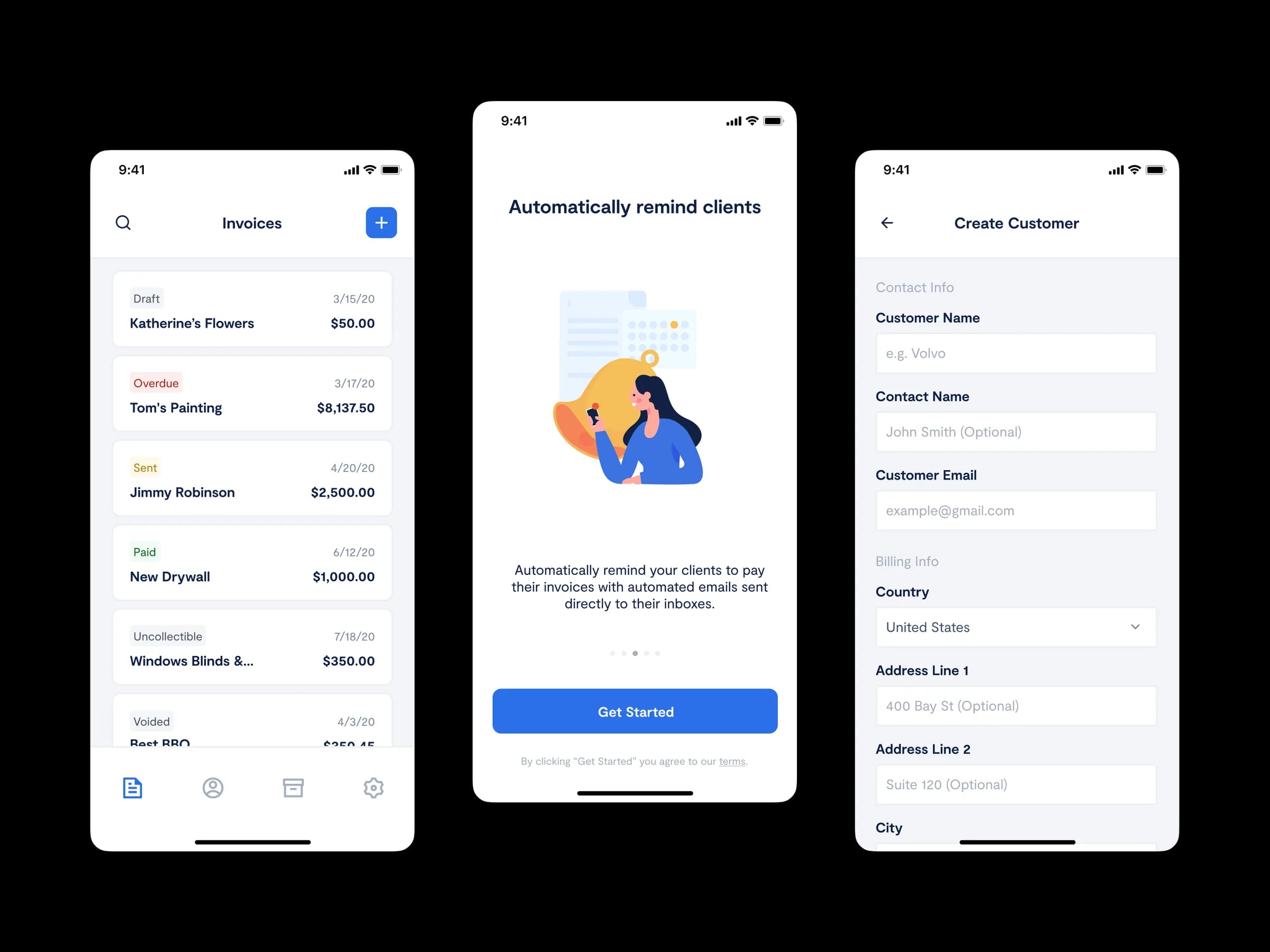 Paidly mobile app showing invoice list, automatic reminders feature, and customer creation form