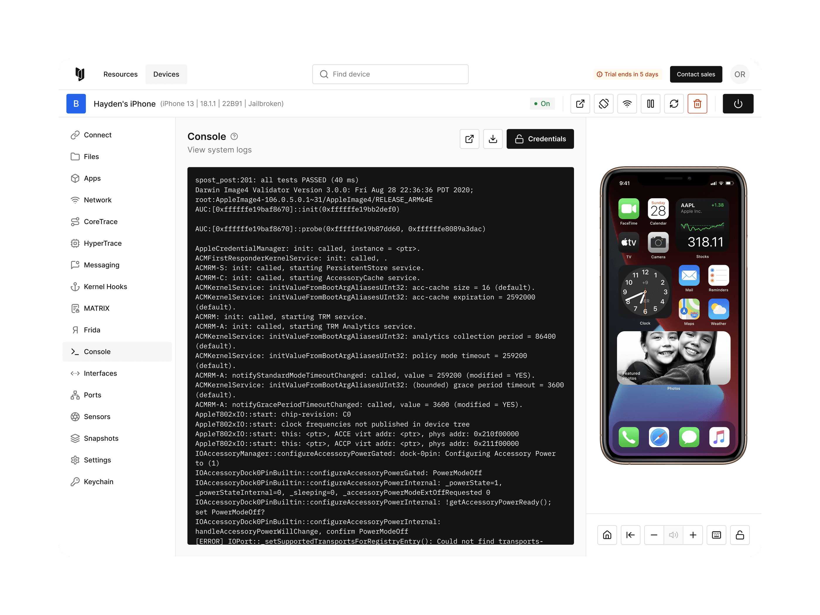 Corellium virtual device platform showing the device creation flow for mobile security testing