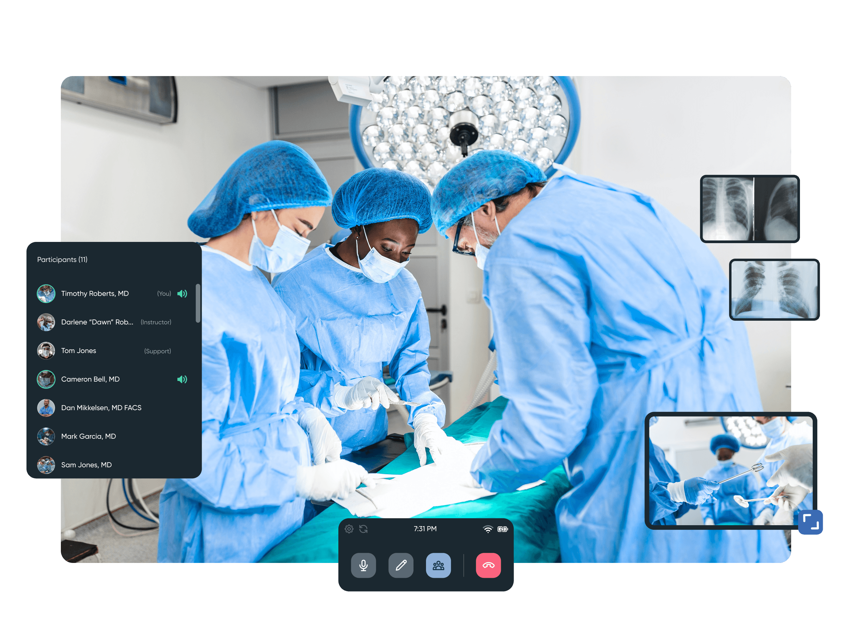 Immertec VR medical training platform showing a live surgical procedure with multiple participating doctors, medical imaging views, and interactive controls for remote learning