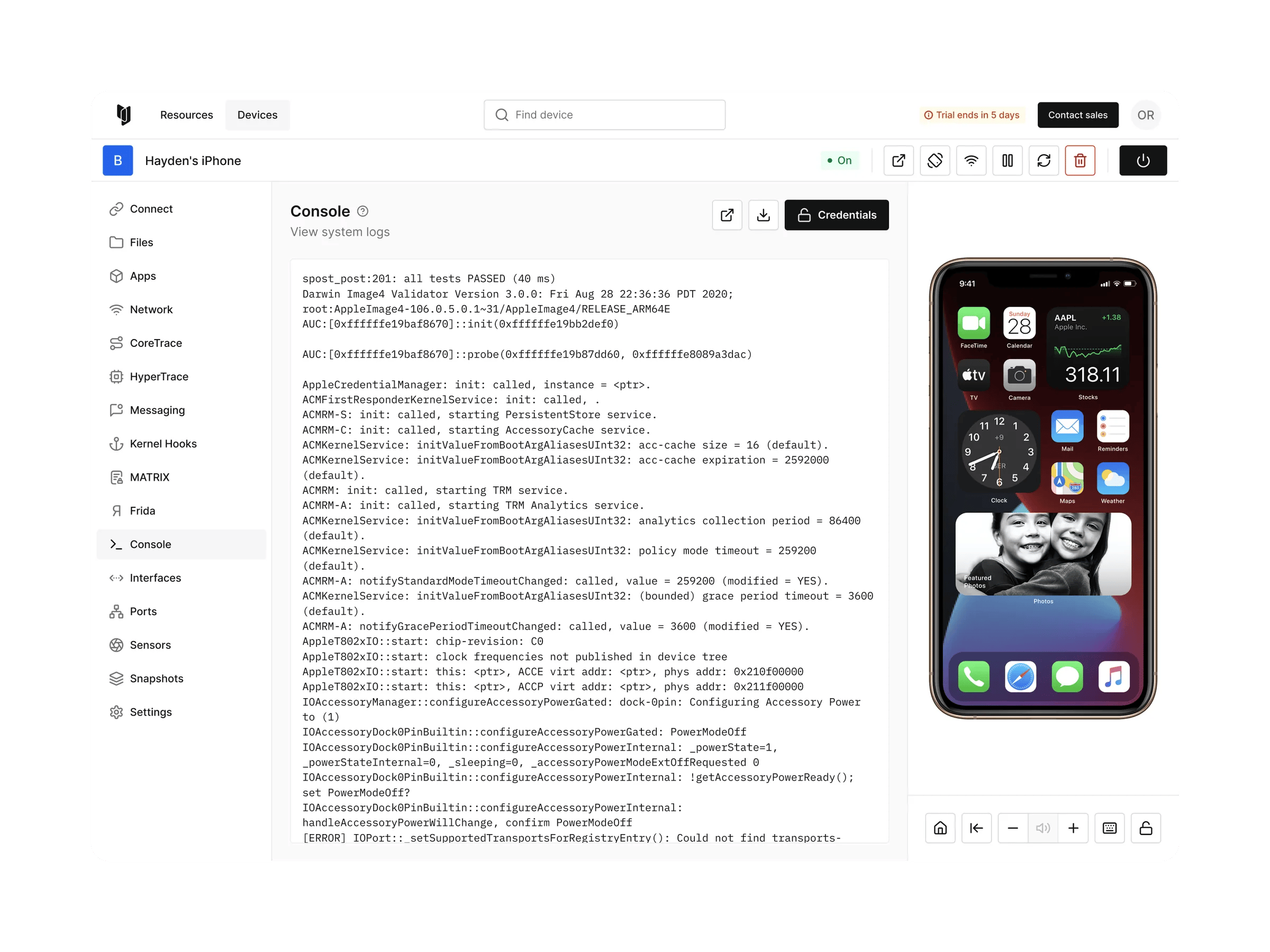 Corellium virtual device platform showing the device creation flow for mobile security testing