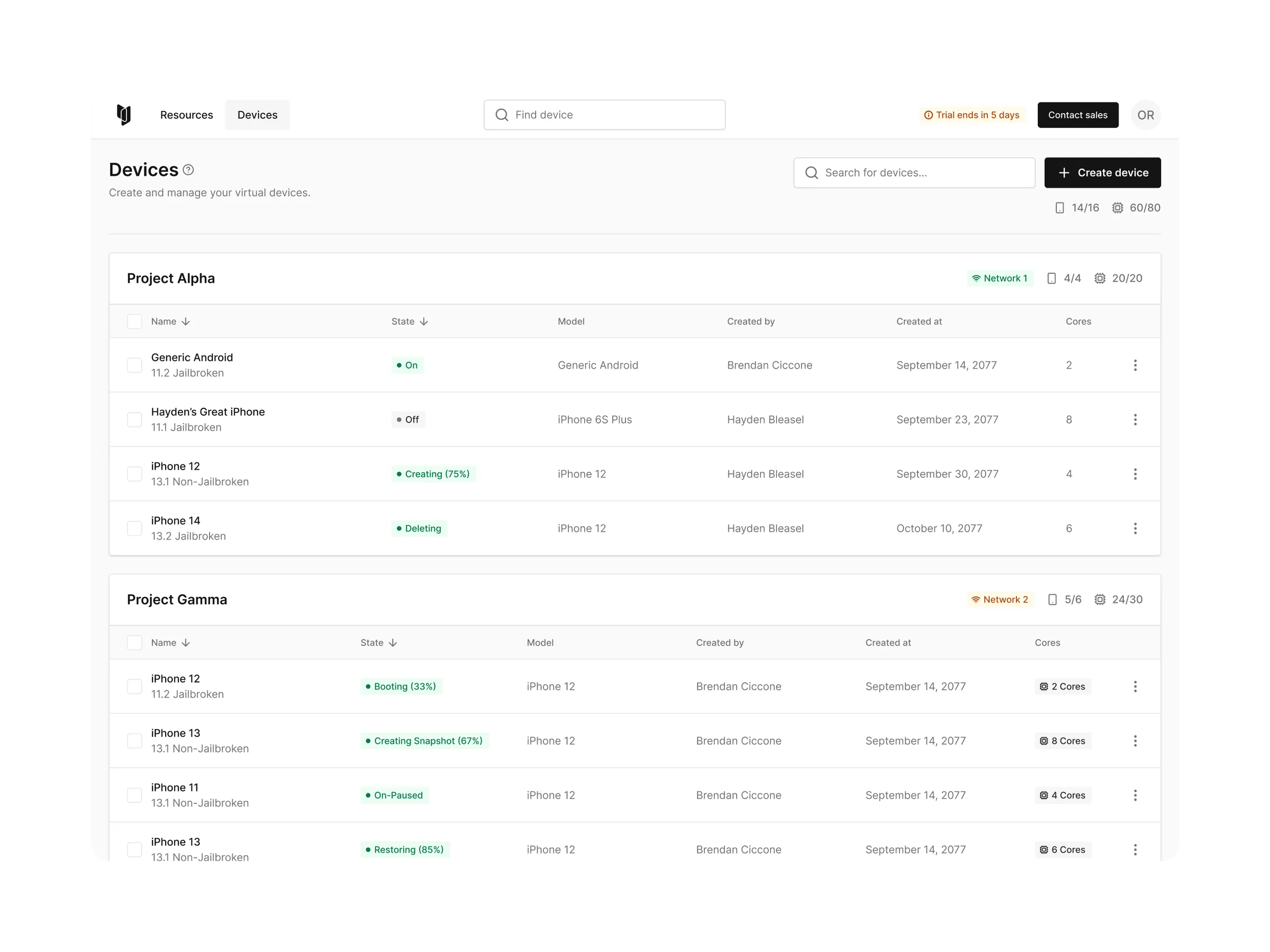 Corellium project selection interface