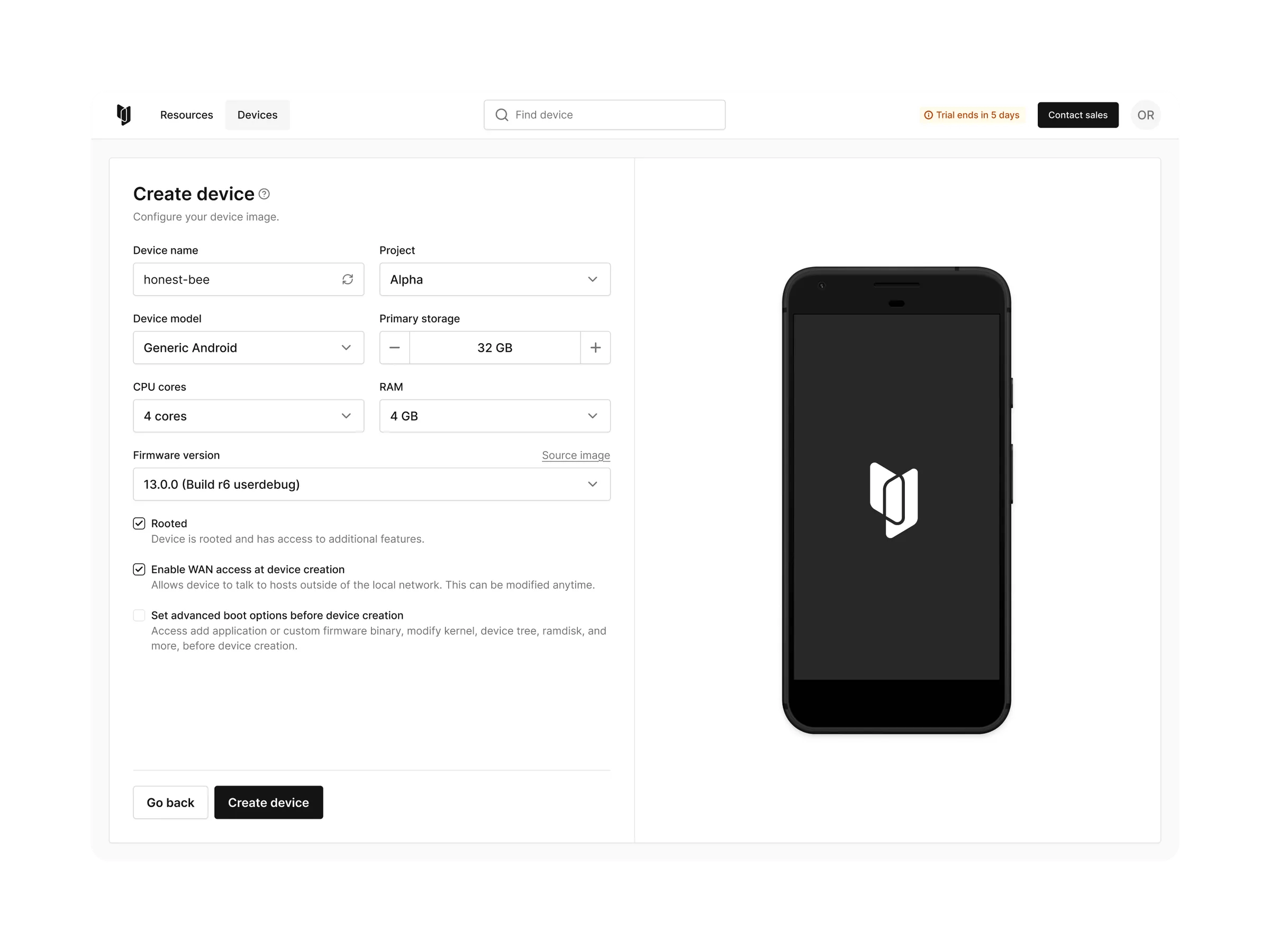 Corellium Android device selection