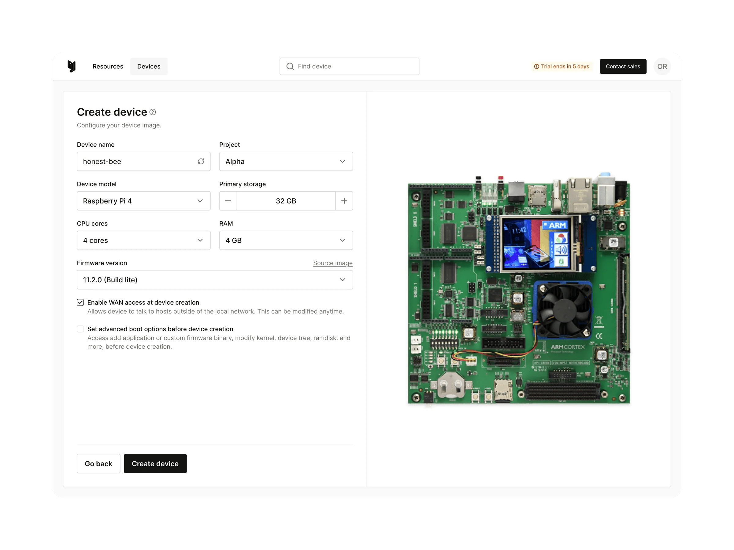 Corellium IoT device selection showing modular configuration