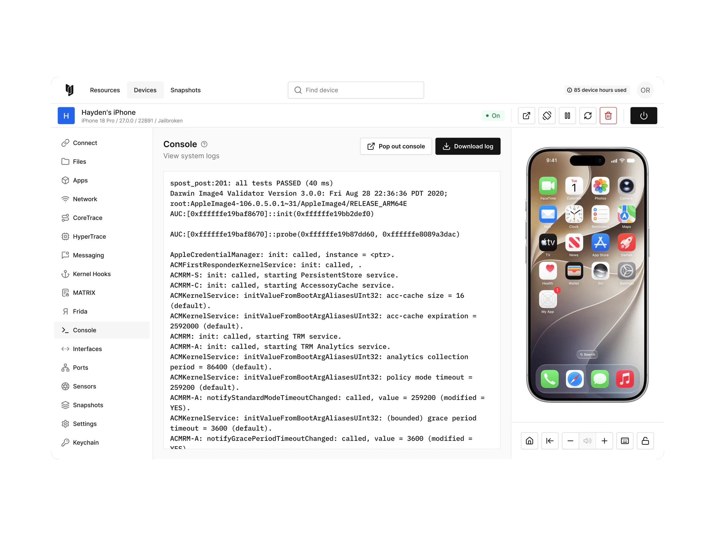 Corellium's device view: tools in a sidebar, the console open in the middle, and a virtual iPhone on the right