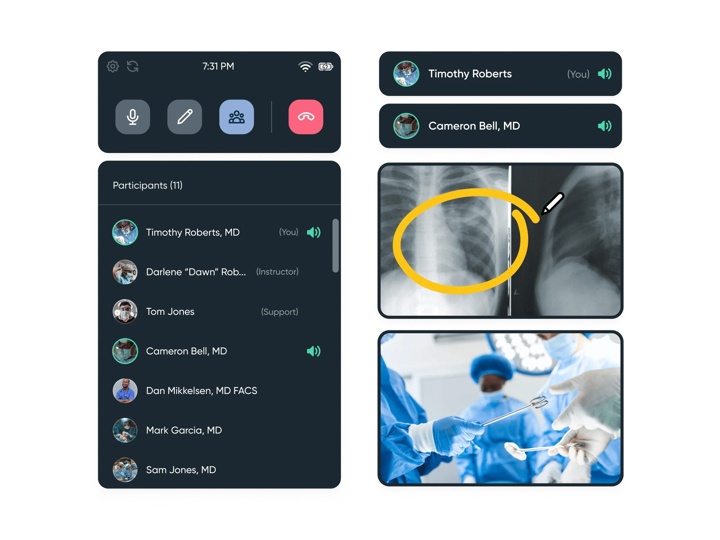 Immertec VR interface showing participant list, medical imaging with annotations, and surgical procedure views