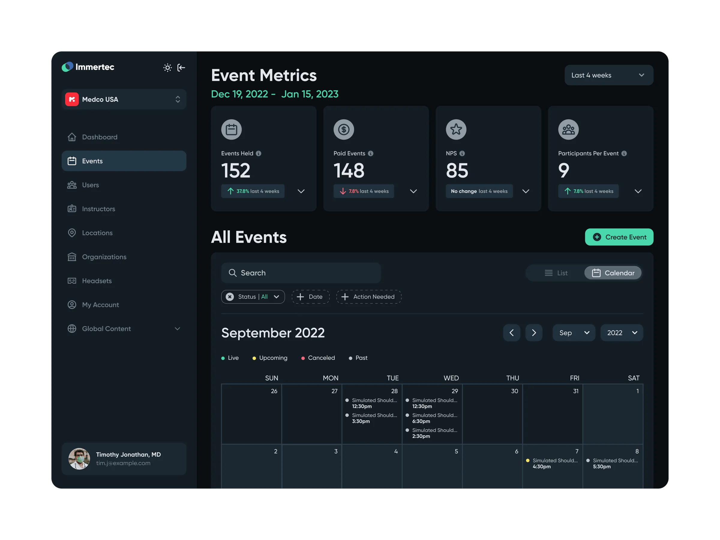 Immertec event metrics and calendar interface