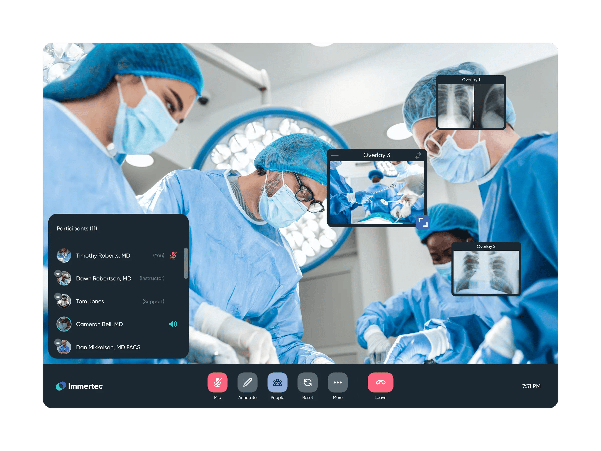 Immertec web viewer interface showing live surgical procedure with participant list and interactive controls