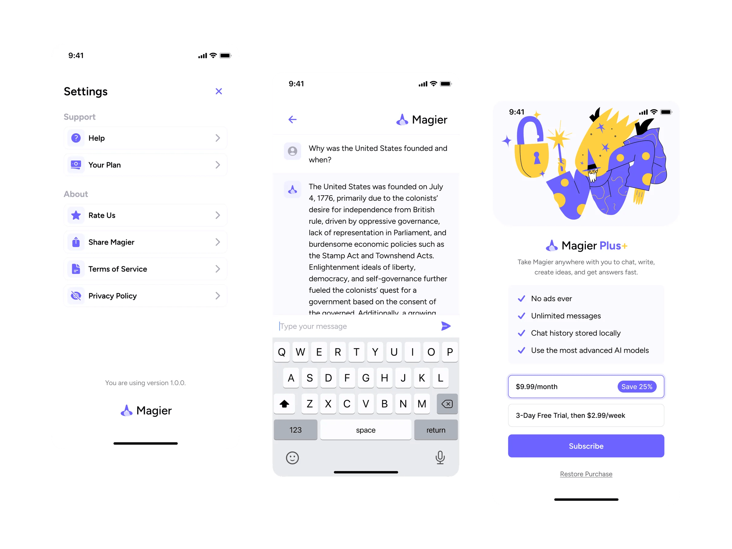 Magier AI chatbot mobile app screens showing settings, chat interface, and subscription options