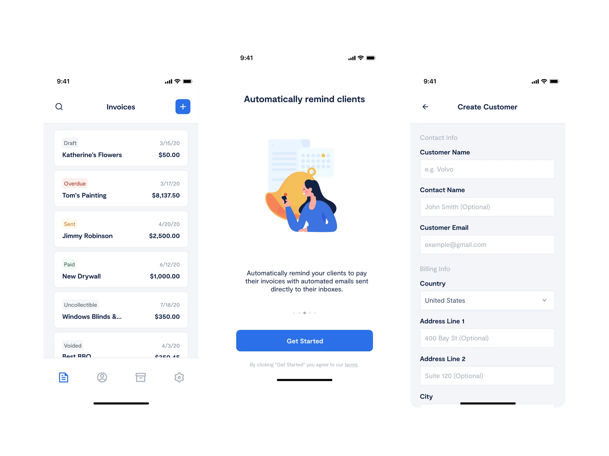 Paidly mobile app showing invoice list, automatic reminders feature, and customer creation form